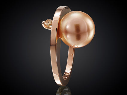 Zonsopgang | Roodgoud 18 krt ring met bruine diamant en roze parel