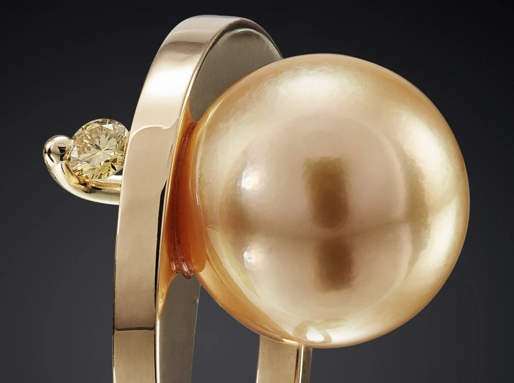 Zonsopgang | Geelgoud 18 krt ring met gele diamant en zuidzeeparel
